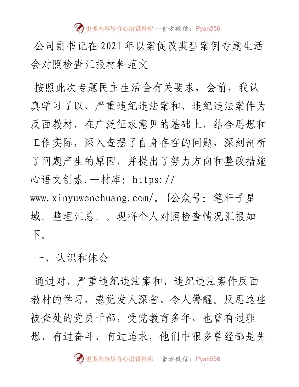 公司副书记在以案促改典型案例专题生活会对照检查汇报材料范文.docx_第1页