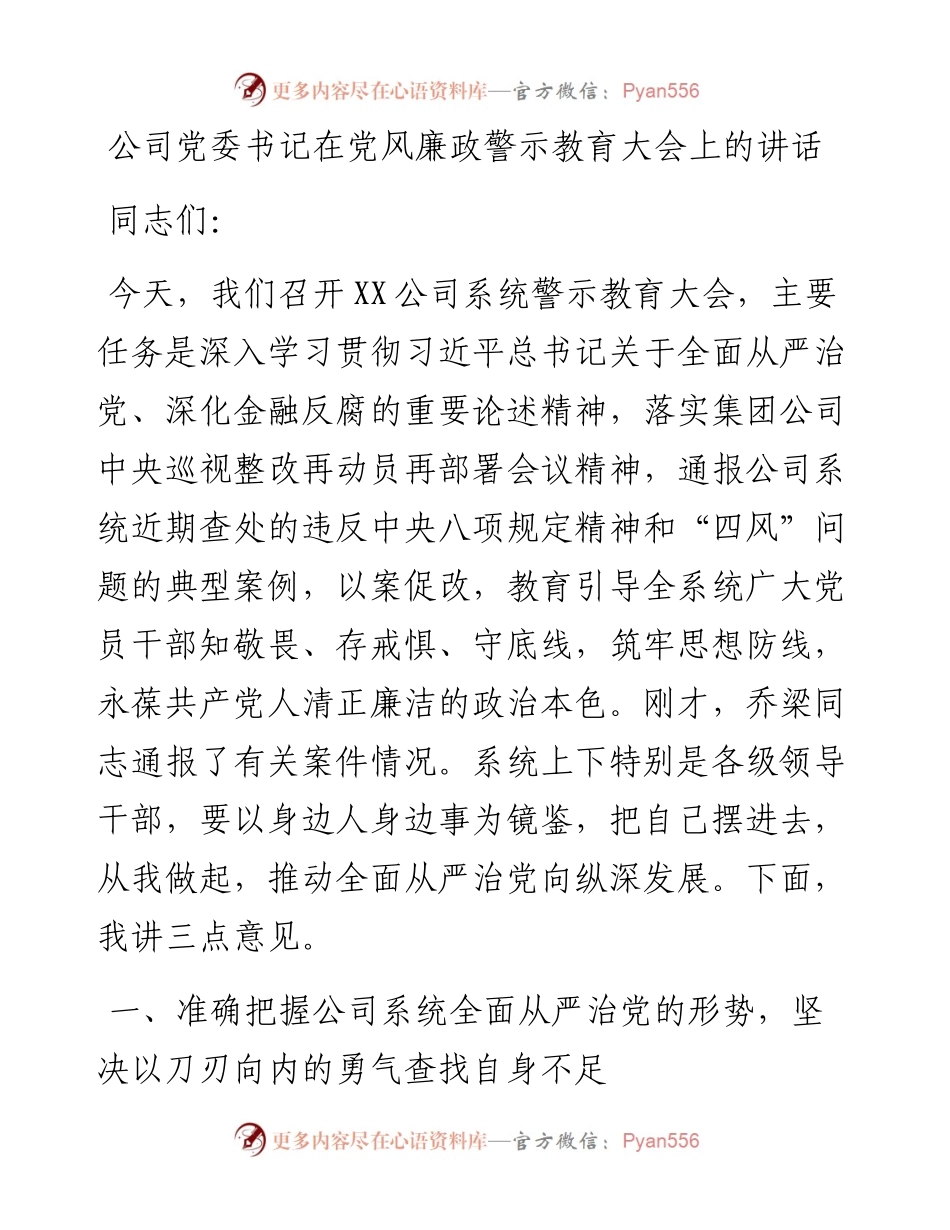 公司党委书记在党风廉政警示教育大会上的讲话.docx_第1页
