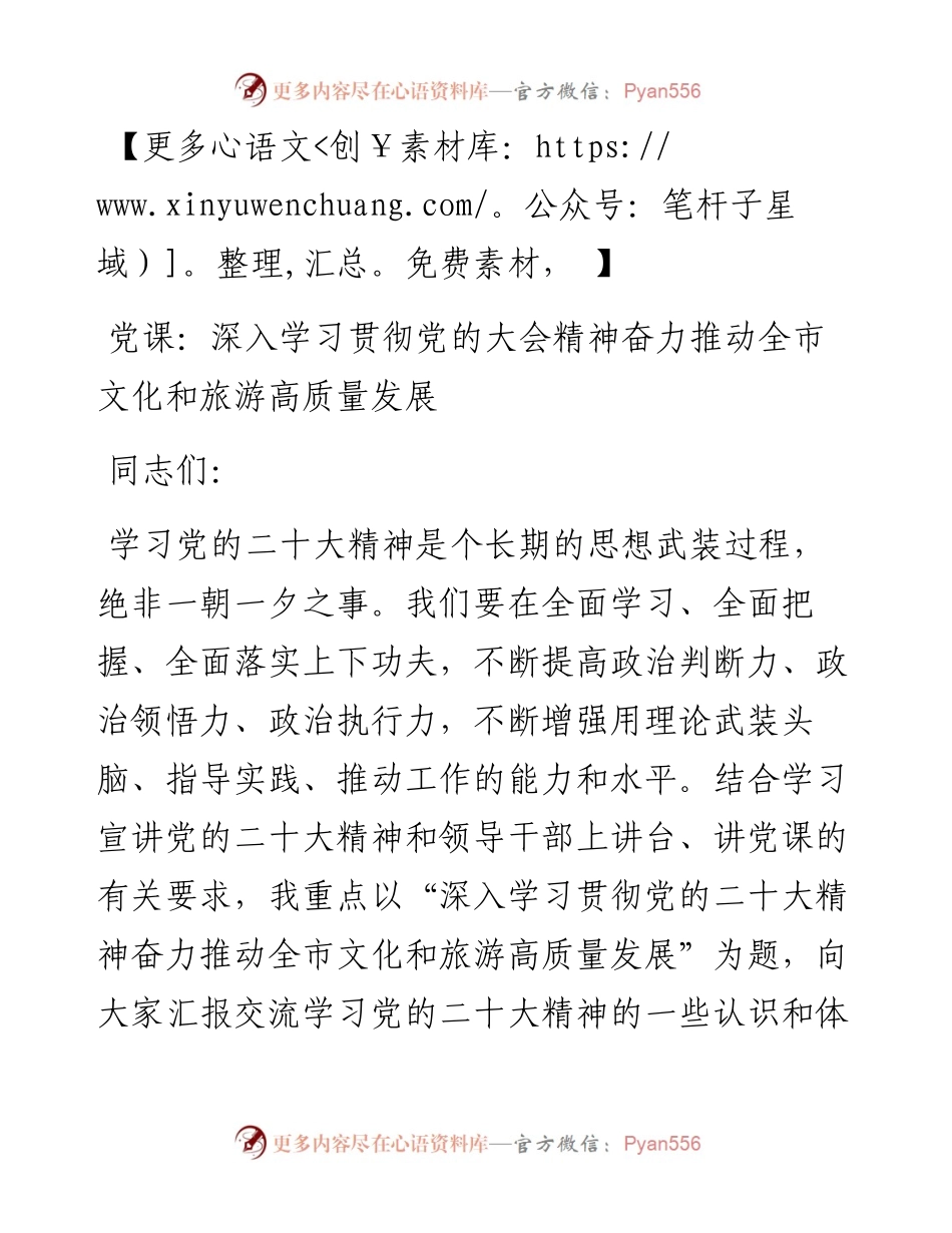 党课：深入学习贯彻党的大会精神  奋力推动全市文化和旅游高质量发展.docx_第1页
