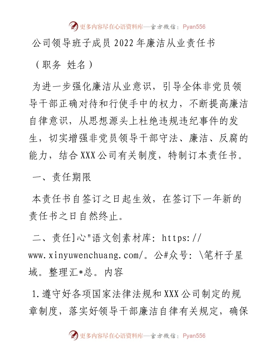 公司领导班子成员廉洁从业责任书.docx_第1页