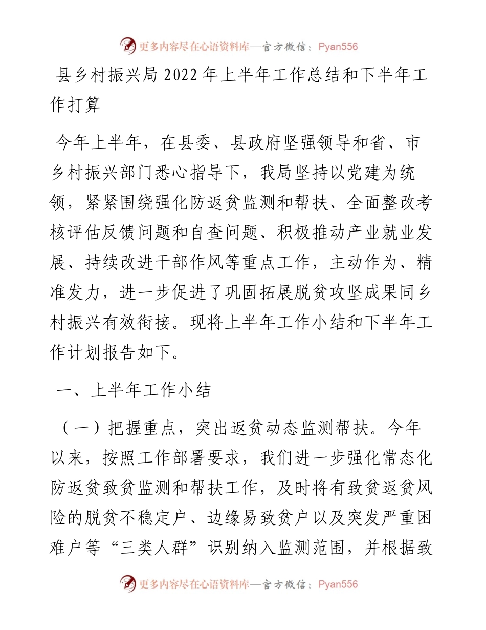 县乡村振兴局上半年工作总结和下半年工作打算.docx_第1页
