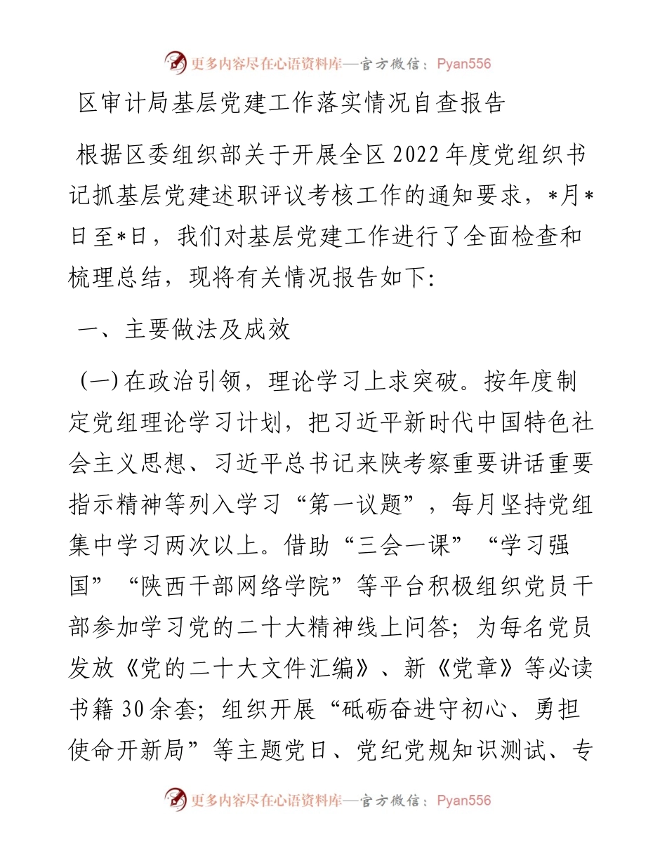 区审计局基层党建工作落实情况自查报告.docx_第1页