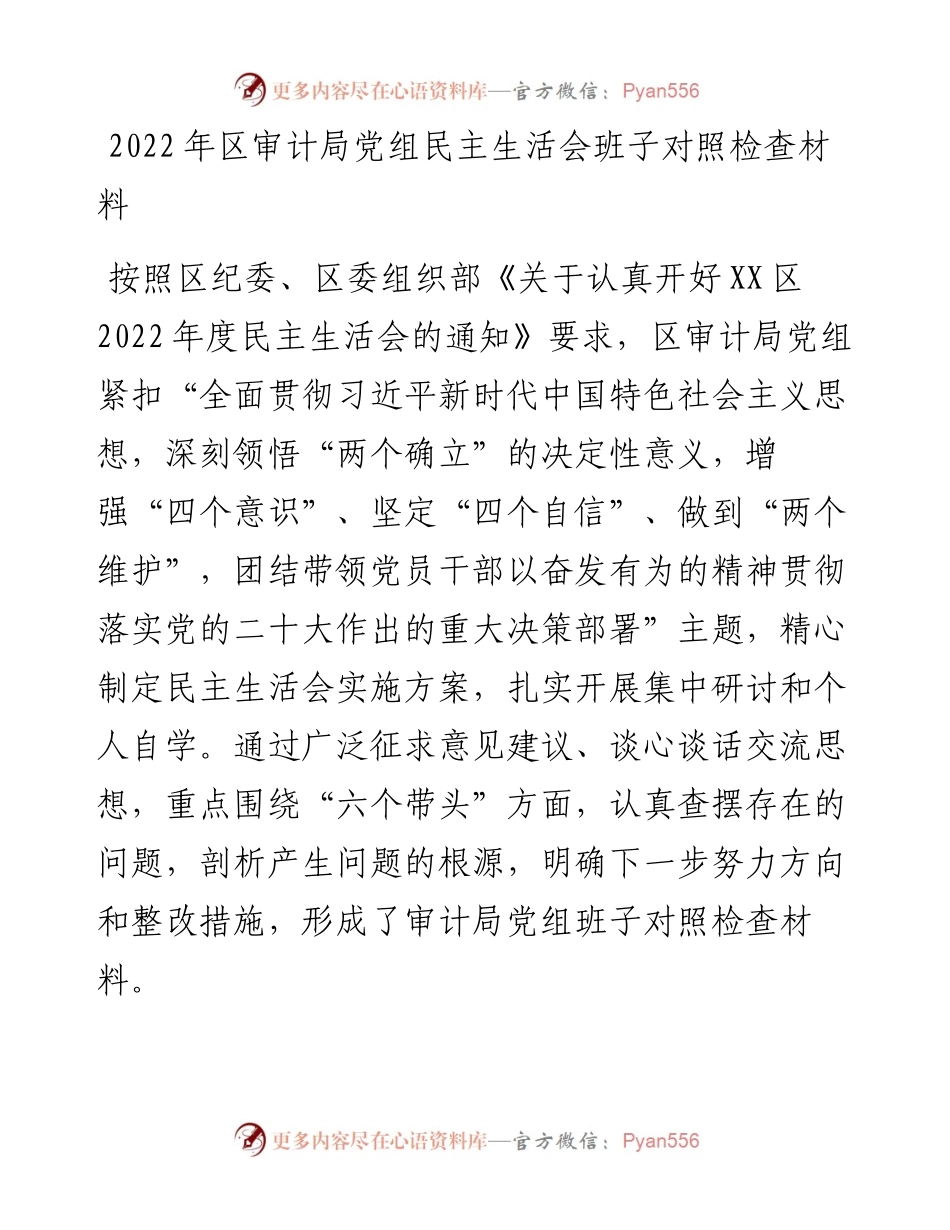 区审计局党组民主生活会对照检查材料.docx_第1页