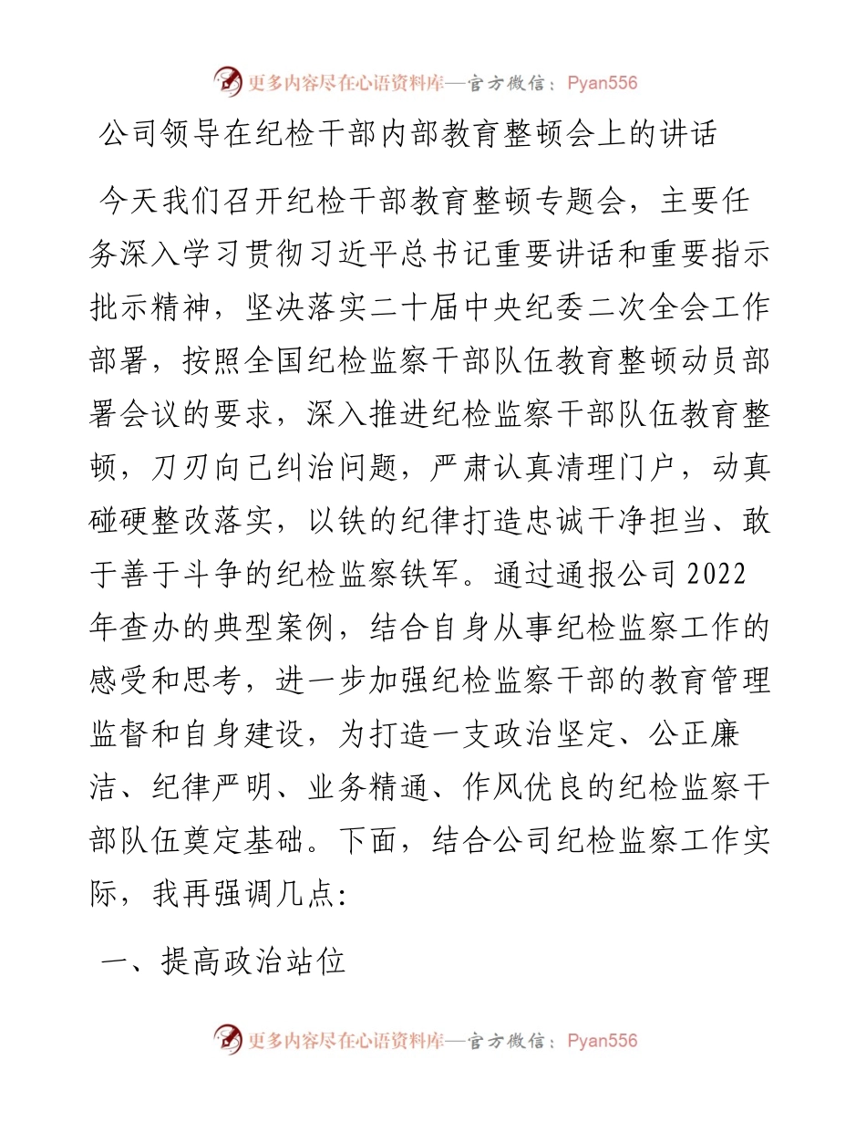 公司领导在纪检干部内部教育整顿会上的讲话.docx_第1页