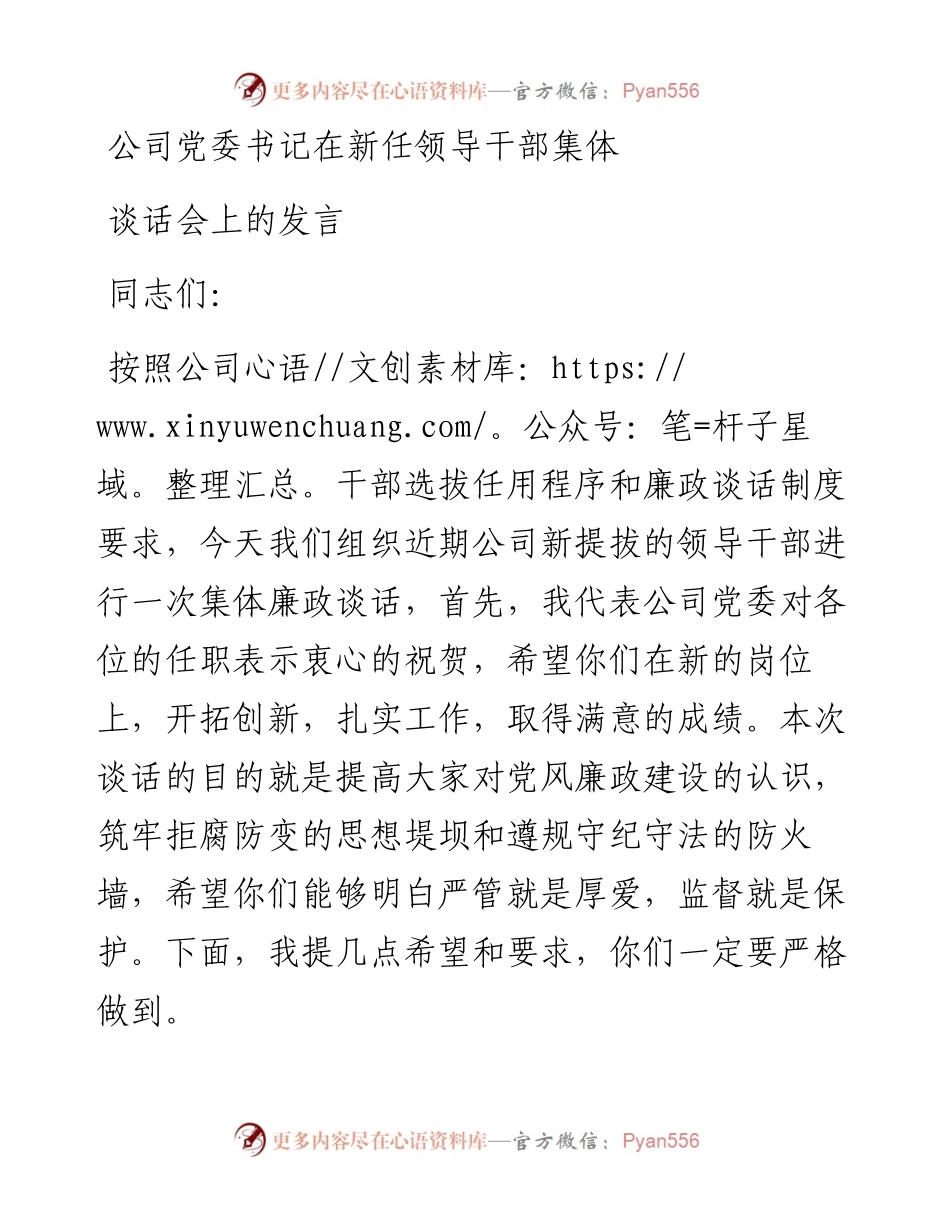 公司党委书记在新任领导干部集体谈话会上的发言.docx_第1页