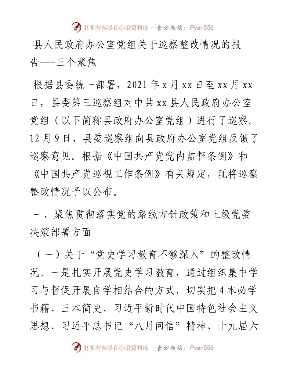 县人民政府办公室党组关于巡察整改情况的报告---三个聚焦.docx_第1页