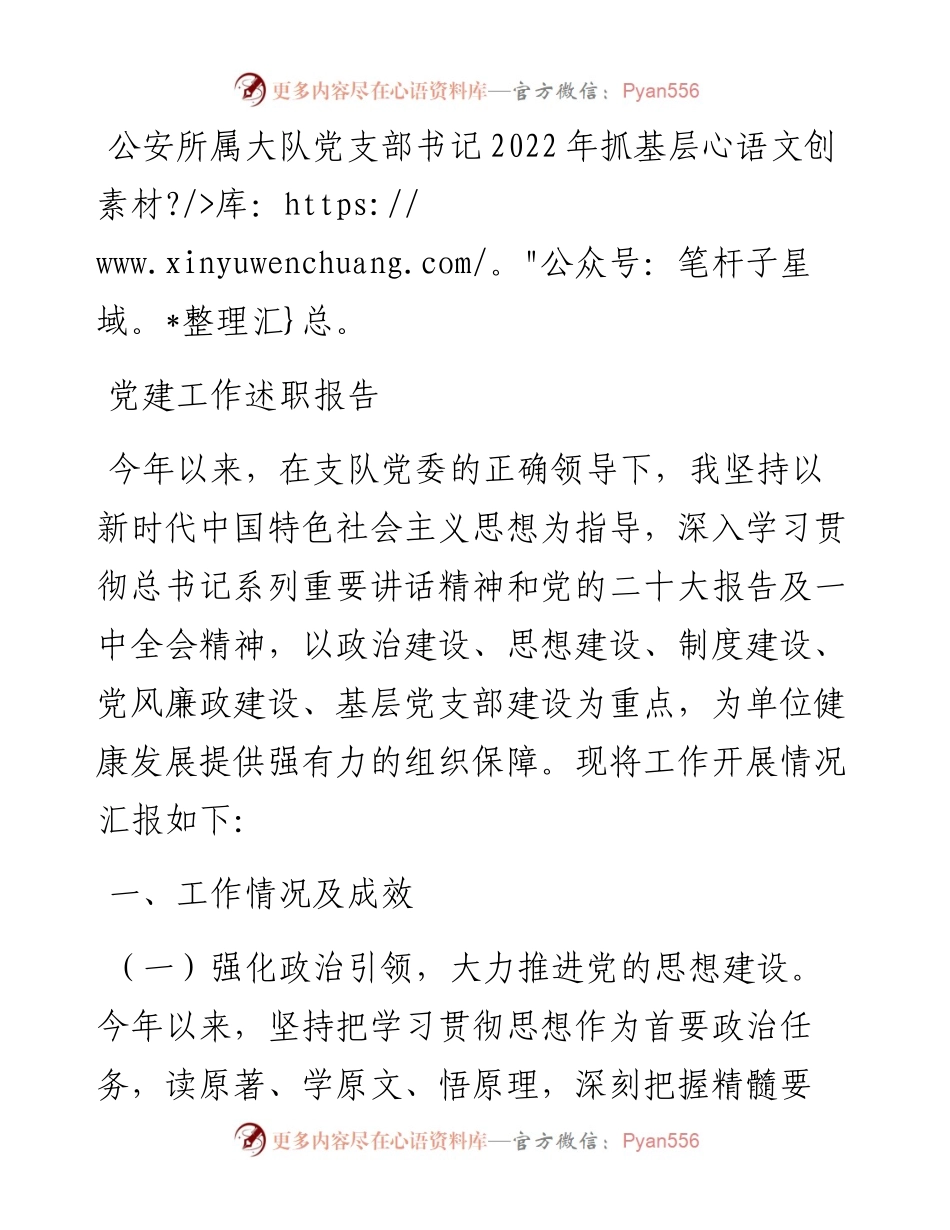 公安所属大队党支部书记抓基层党建工作述职报告.docx_第1页
