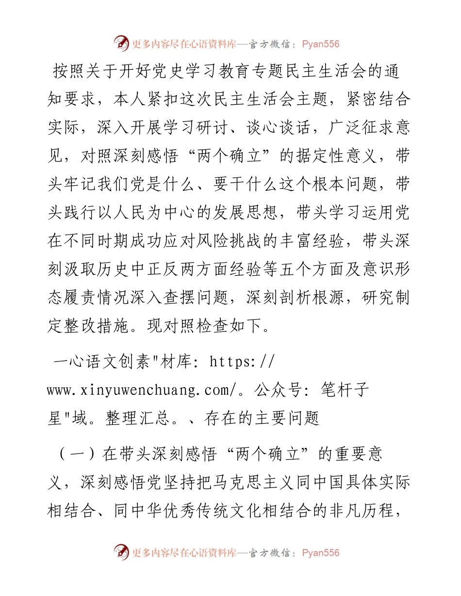 副县长党史学习教育五个带头专题民主生活会对照检查材料.docx_第1页