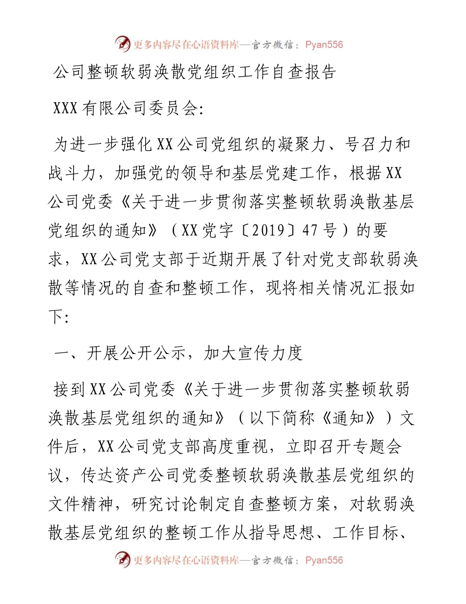 公司整顿软弱涣散党组织工作自查报告.docx_第1页