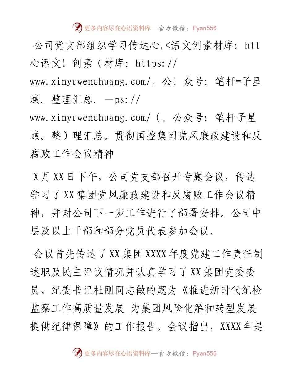 公司党支部组织学习传达贯彻国控集团党风廉政建设和反腐败工作会议精神.docx_第1页