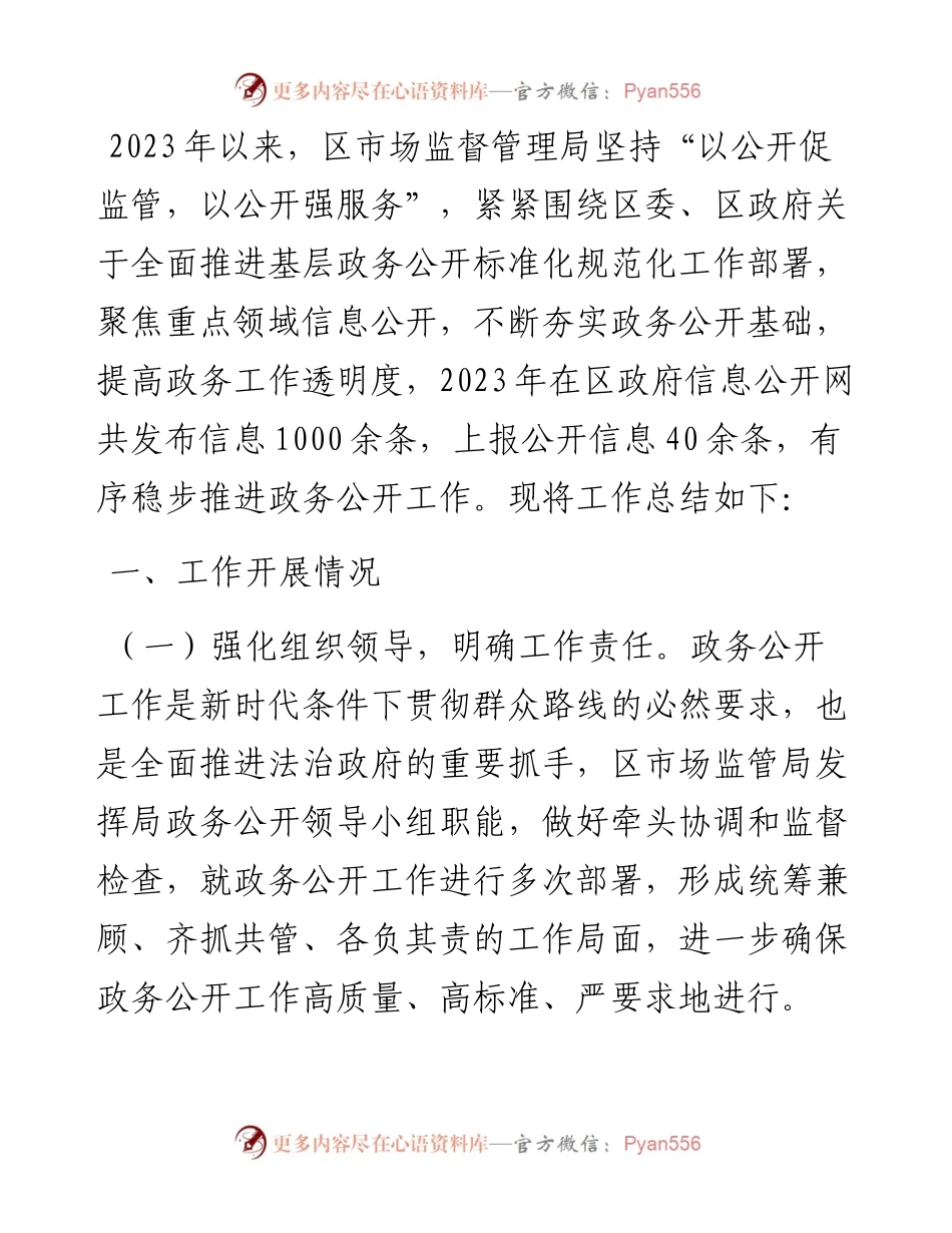 区市场监督管理局2023年度政务公开工作总结.docx_第1页