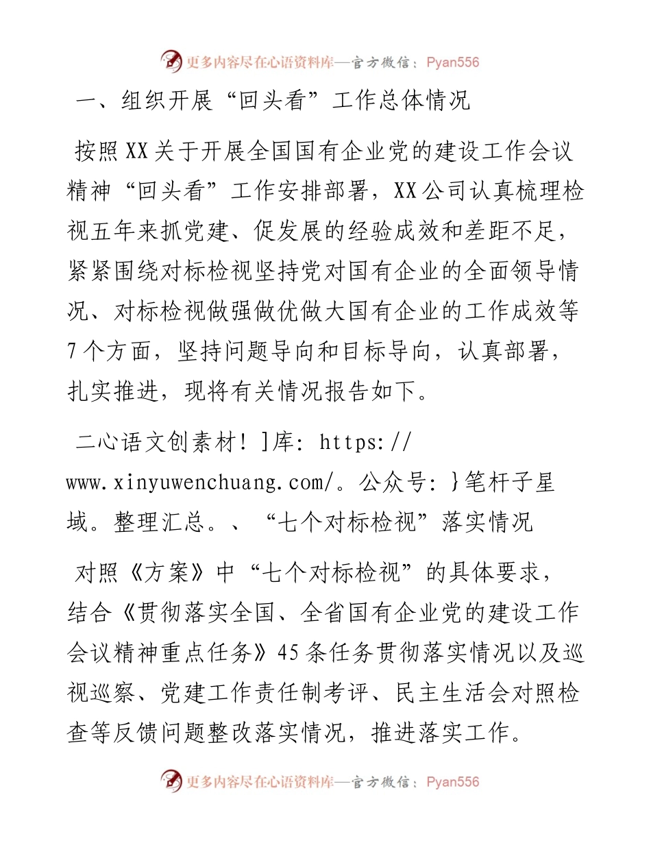 公司全国国有企业党的建设工作会议精神贯彻落实情况“回头看”报告.docx_第1页