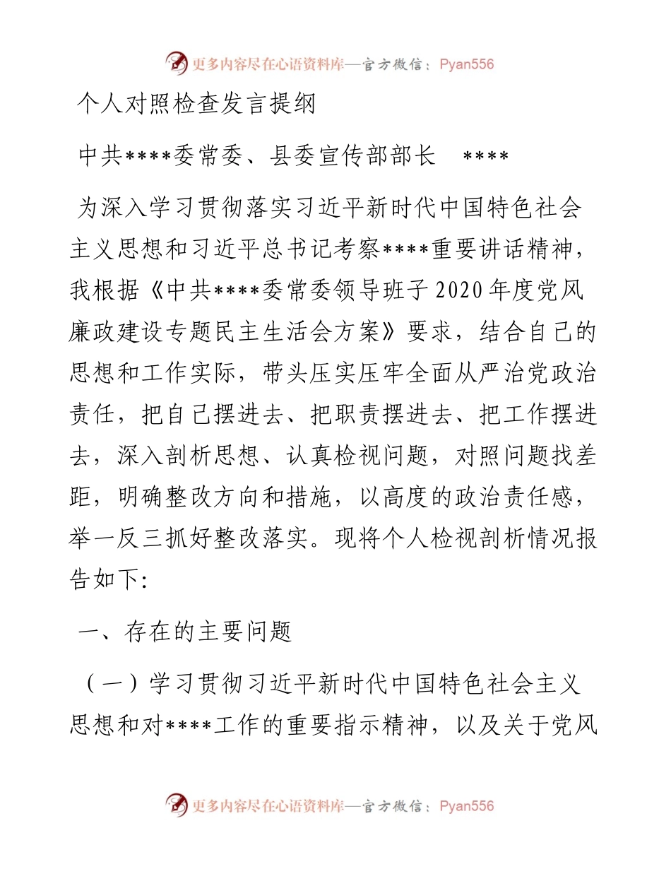 党风廉政专题民主生活会个人对照检查发言提纲（宣传部长）.docx_第1页