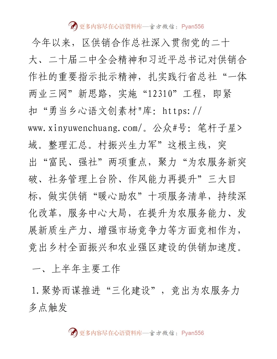 区供销合作总社2024年度上半年工作总结和下半年工作计划.docx_第1页