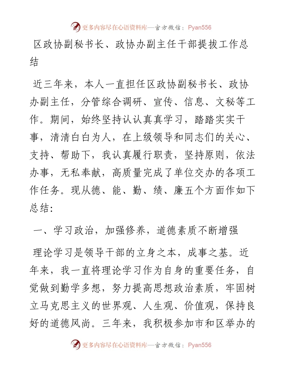 区政协副秘书长、政协办副主任干部提拔工作总结.docx_第1页