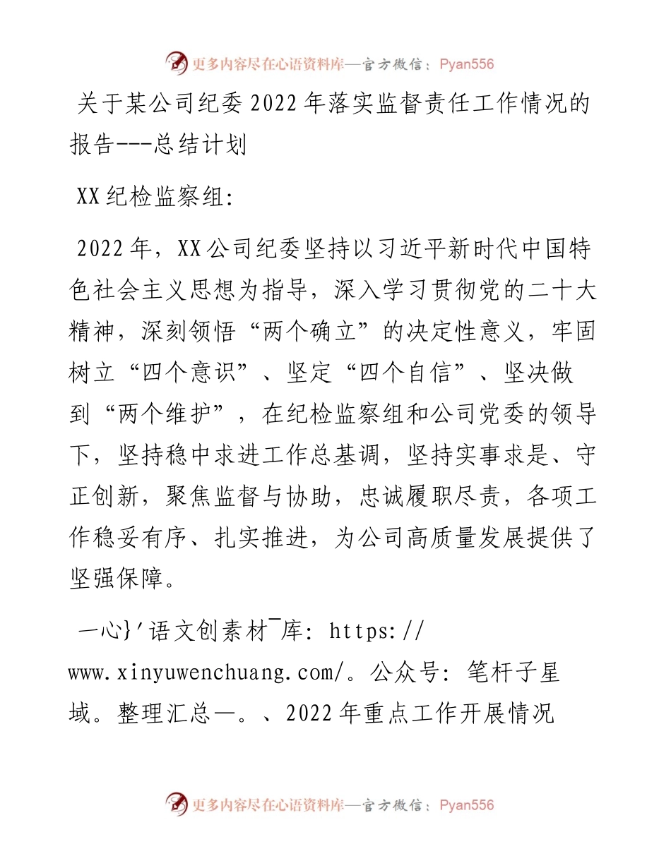 关于某公司纪委落实监督责任工作情况的报告---总结计划.docx_第1页