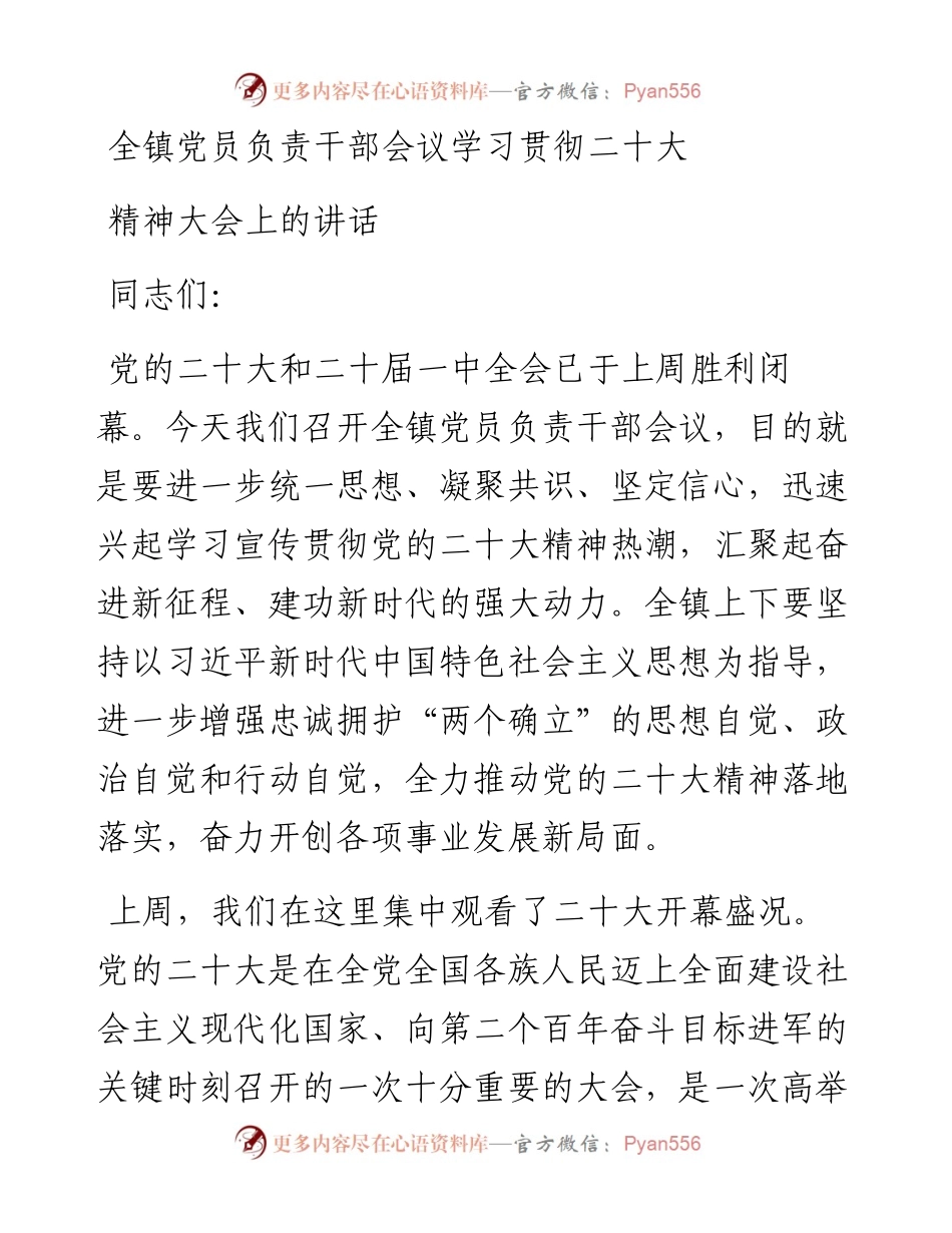 全镇党员负责干部会议学习贯彻二十大精神大会上的讲话.docx_第1页