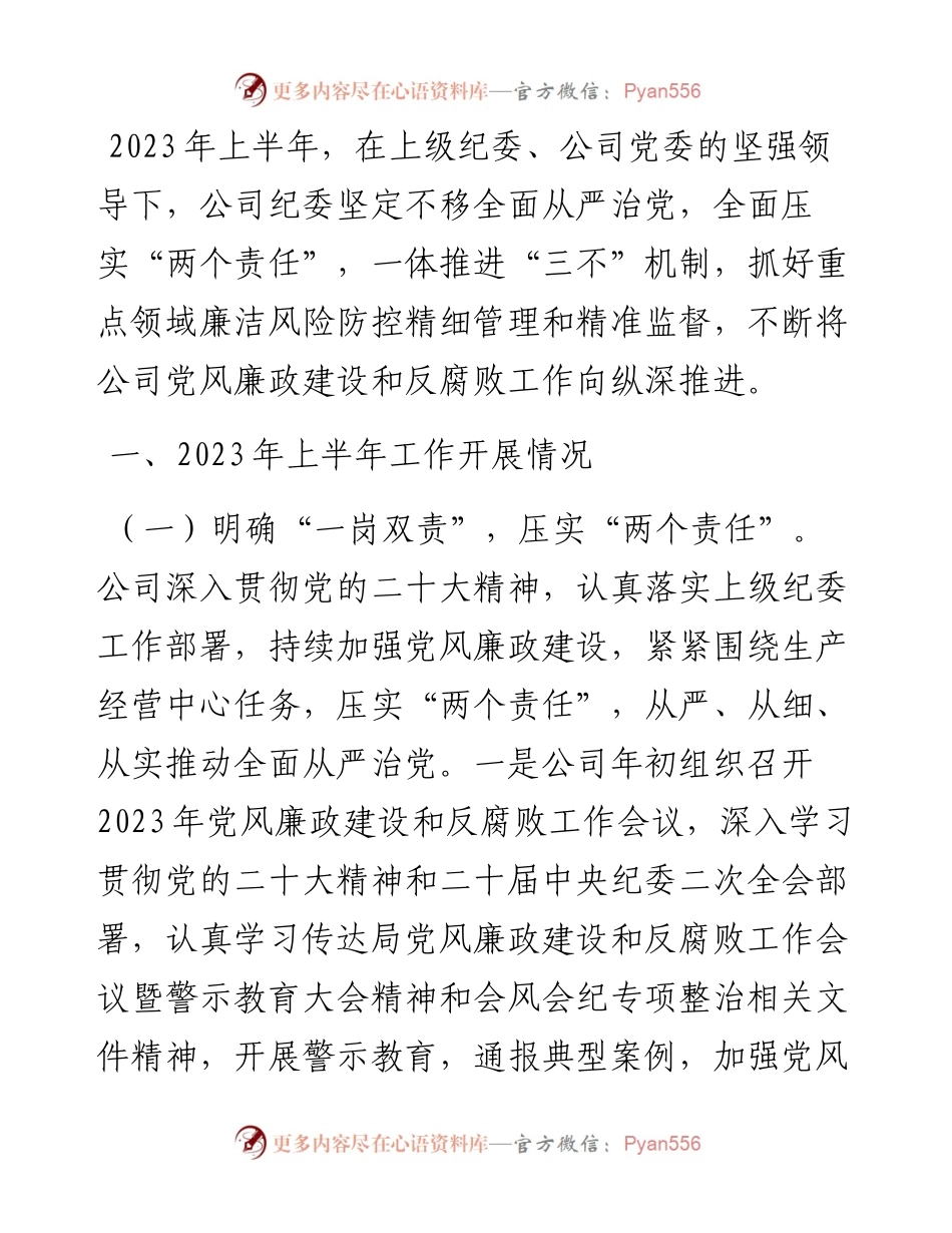 公司2023年上半年党风廉政建设和反腐败工作总结.docx_第1页