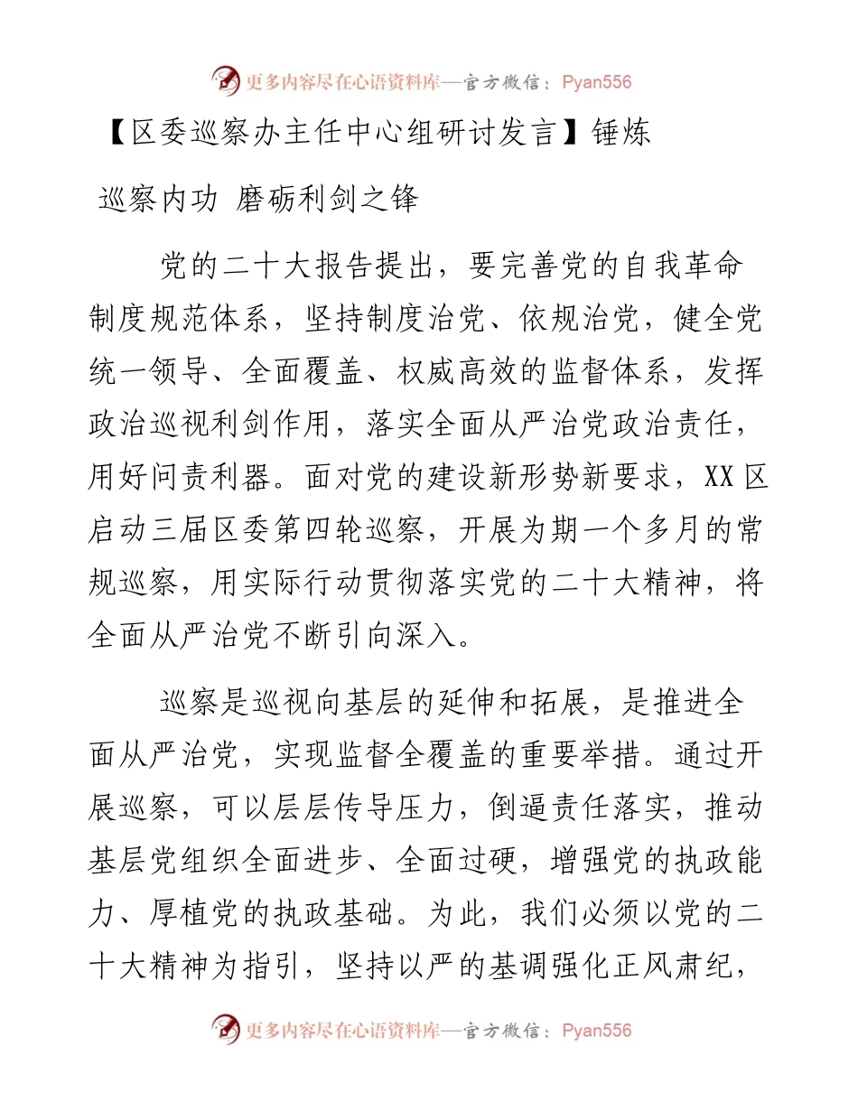 区委巡察办主任中心组研讨发言：锤炼巡察内功 磨砺利剑之锋.docx_第1页