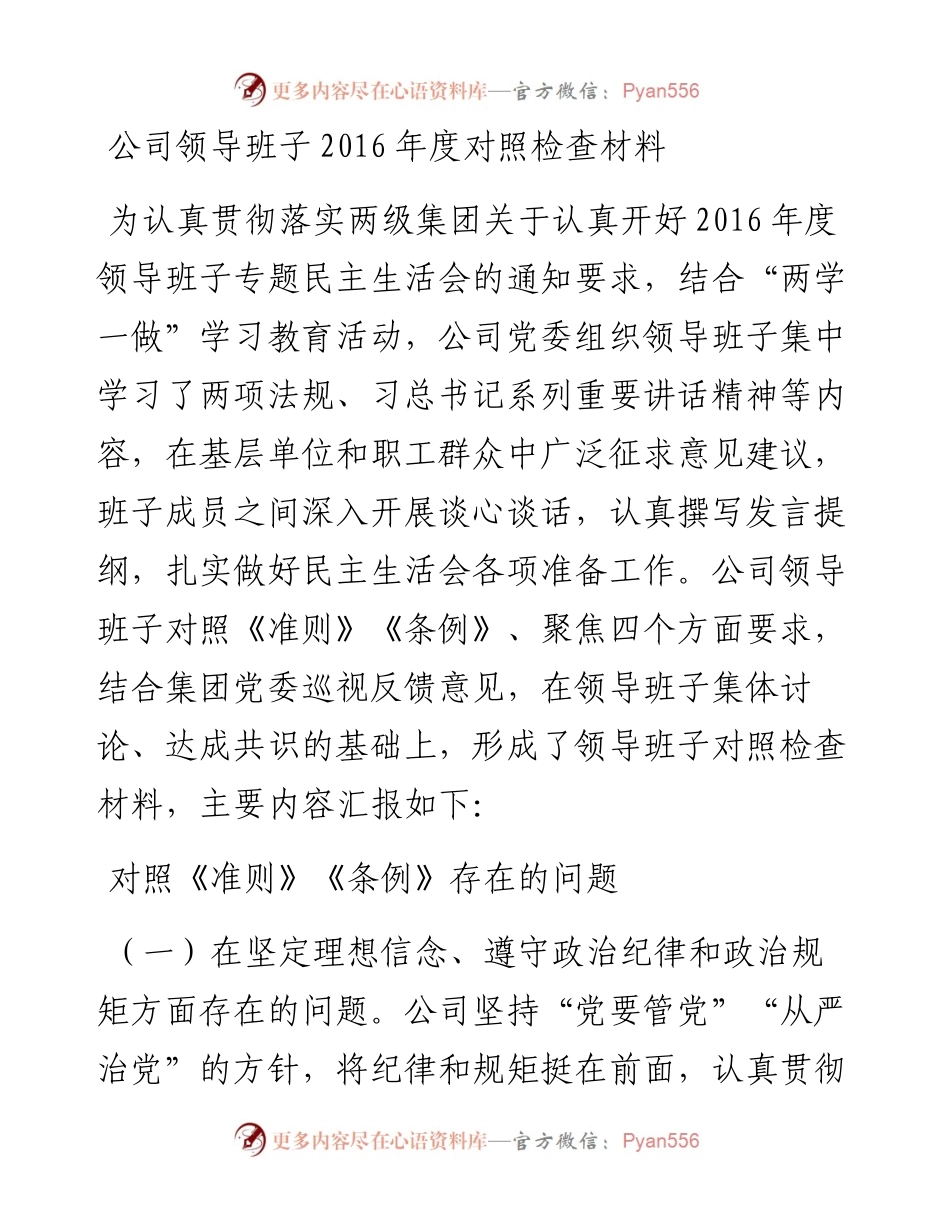公司领导班子度对照检查材料.docx_第1页
