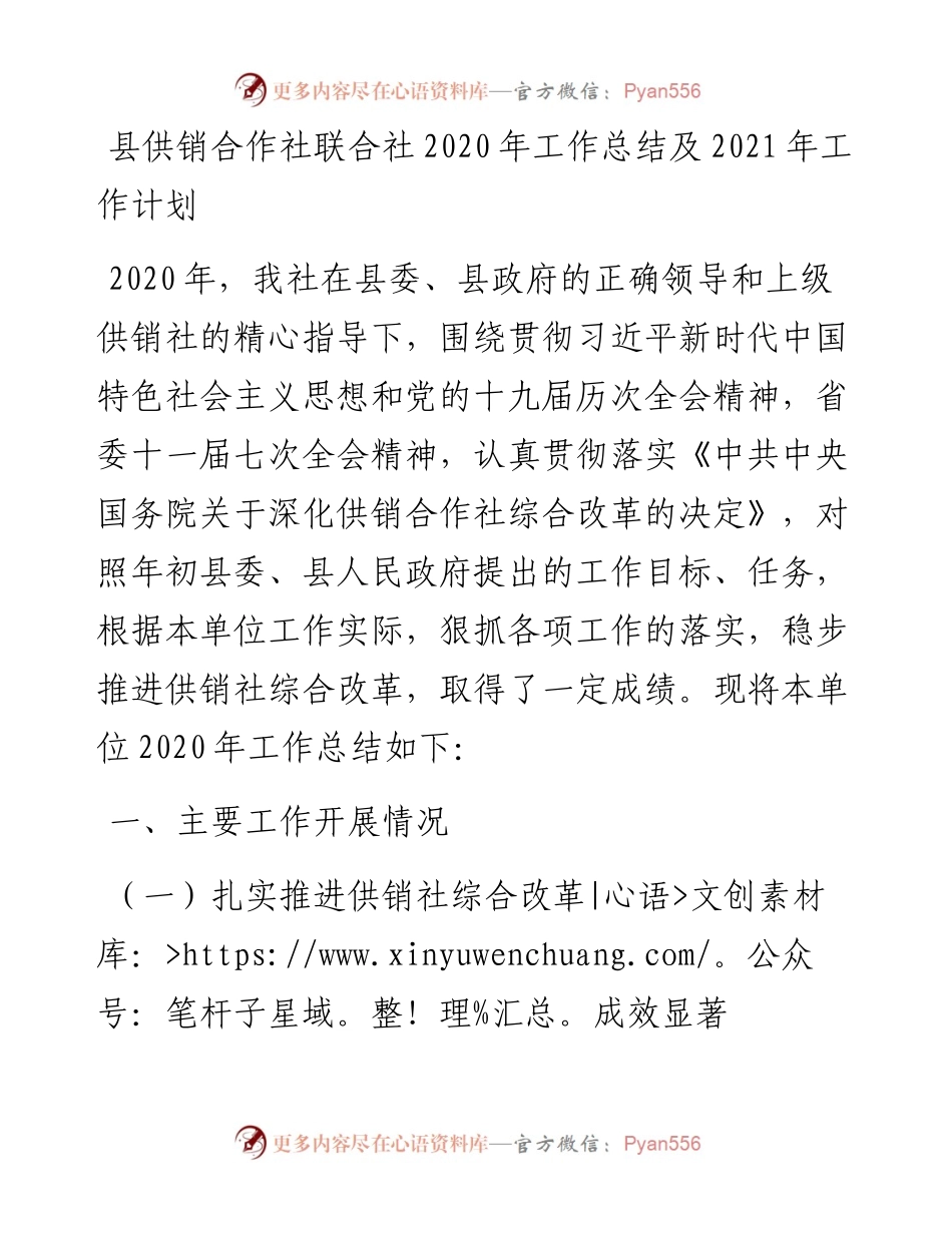 县供销合作社联合社工作总结及工作计划.docx_第1页