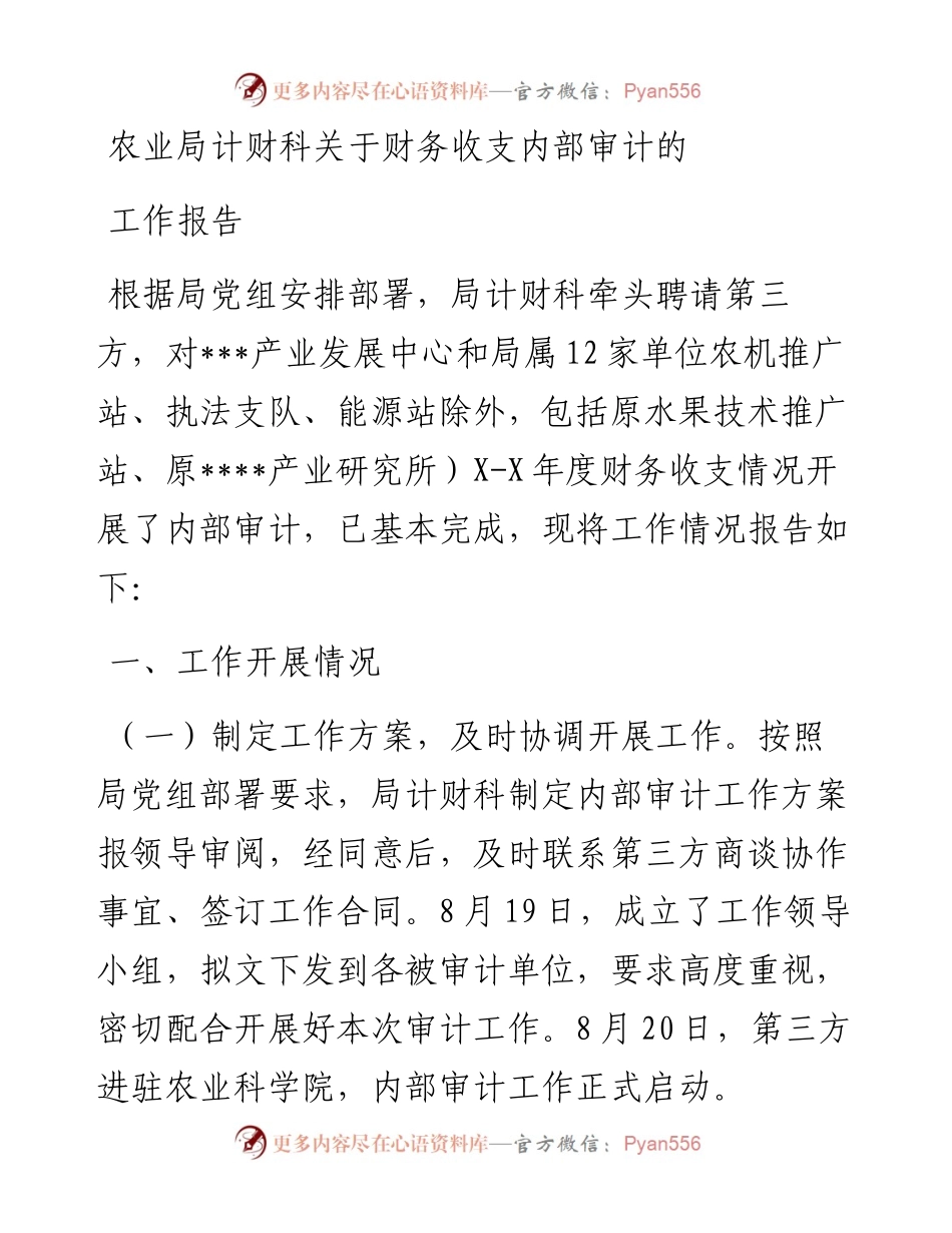 农业局计财科关于财务收支内部审计的工作报告.docx_第1页