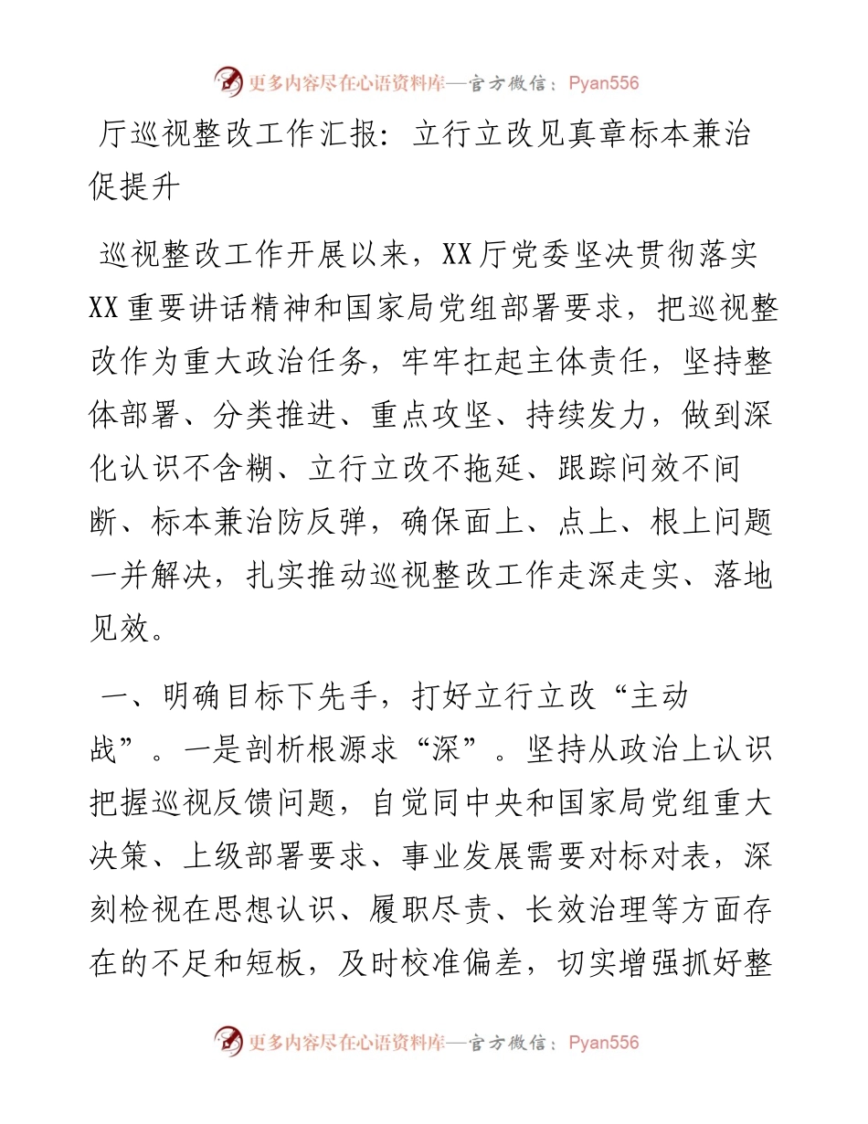厅巡视整改工作汇报：立行立改见真章标本兼治促提升.docx_第1页