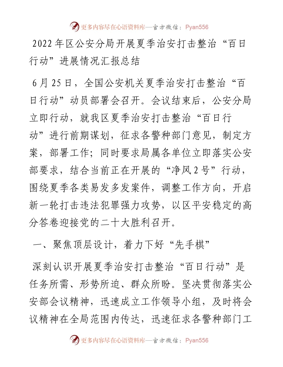 区公安分局开展夏季治安打击整治“百日行动”进展情况汇报总结.docx_第1页