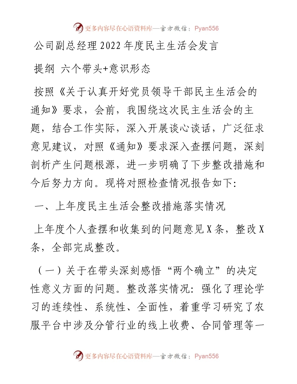 公司副总经理度民主生活会发言提纲---六个带头+意识形态.docx_第1页