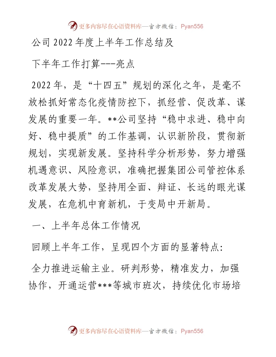 公司度上半年工作总结及下半年工作打算---亮点.docx_第1页