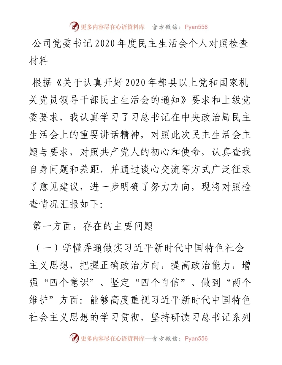 公司党委书记度民主生活会个人对照材料.docx_第1页