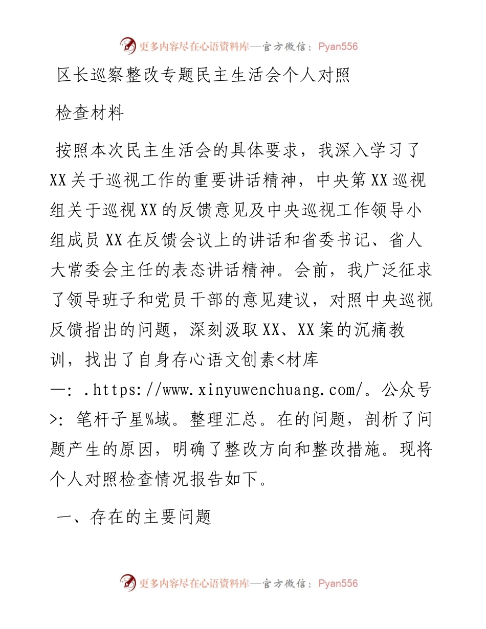 区长巡察整改专题民主生活会个人对照检查材料.docx_第1页