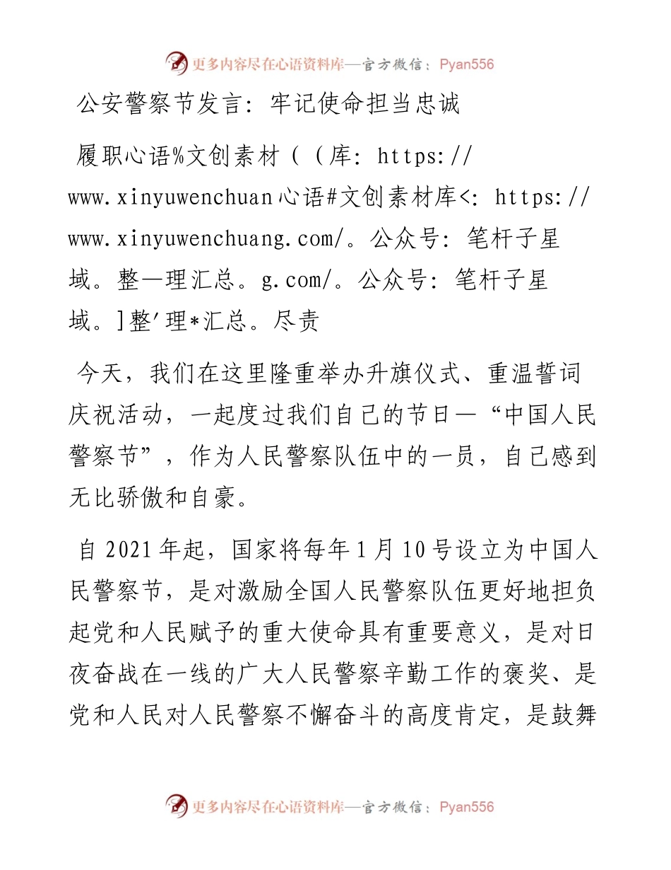 公安警察节发言：牢记使命担当忠诚履职尽责.docx_第1页