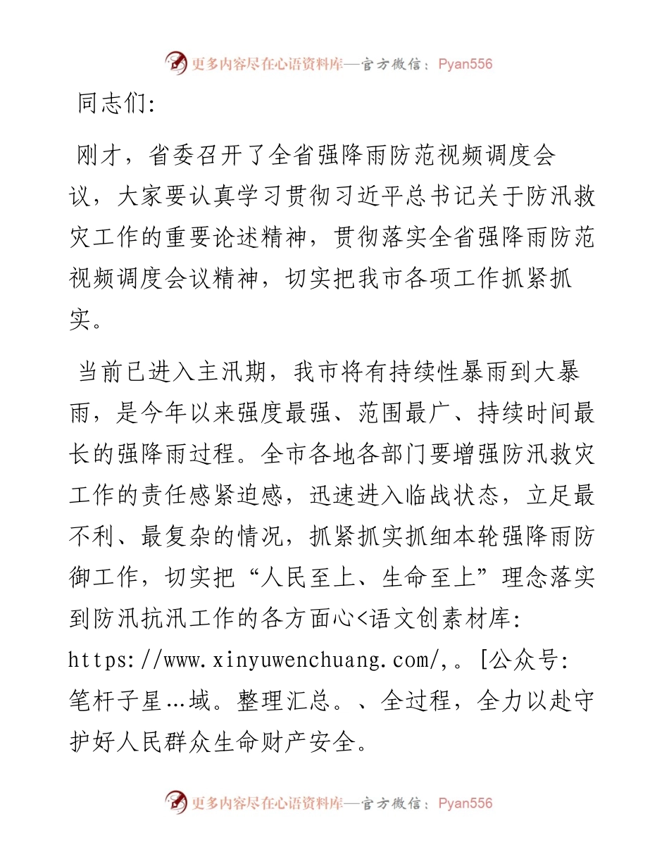 全市强降雨防范视频会议讲话提纲.docx_第1页