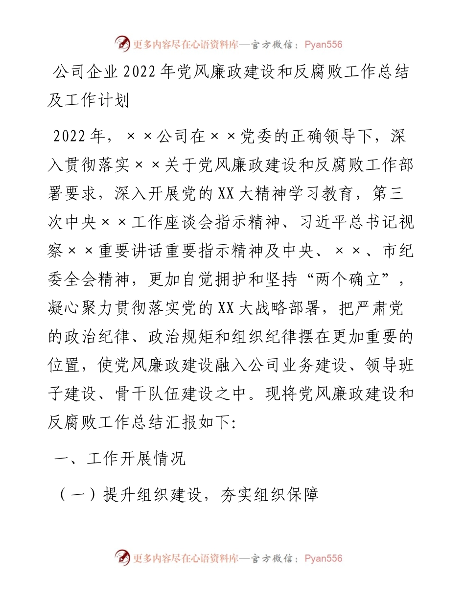公司企业党风廉政建设和反腐败工作总结及工作计划.docx_第1页