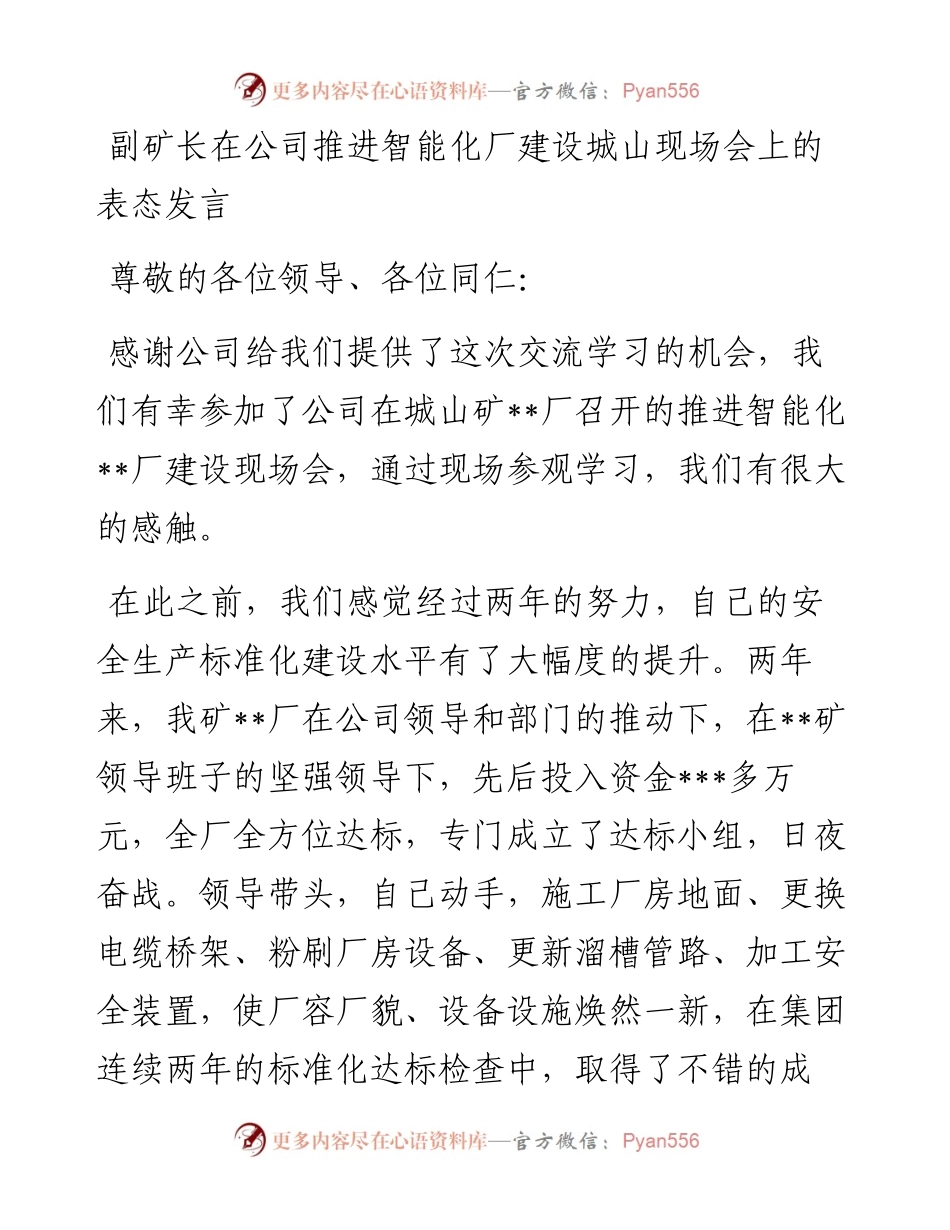 副矿长在公司推进智能化厂建设城山现场会上的表态发言.docx_第1页