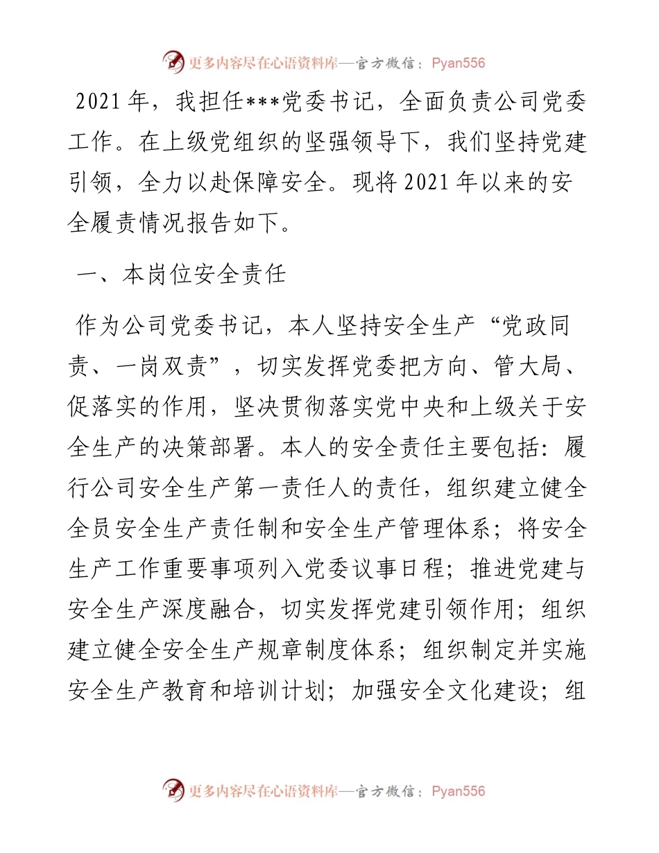 公司党委书记抓安全工作述职报告.docx_第1页