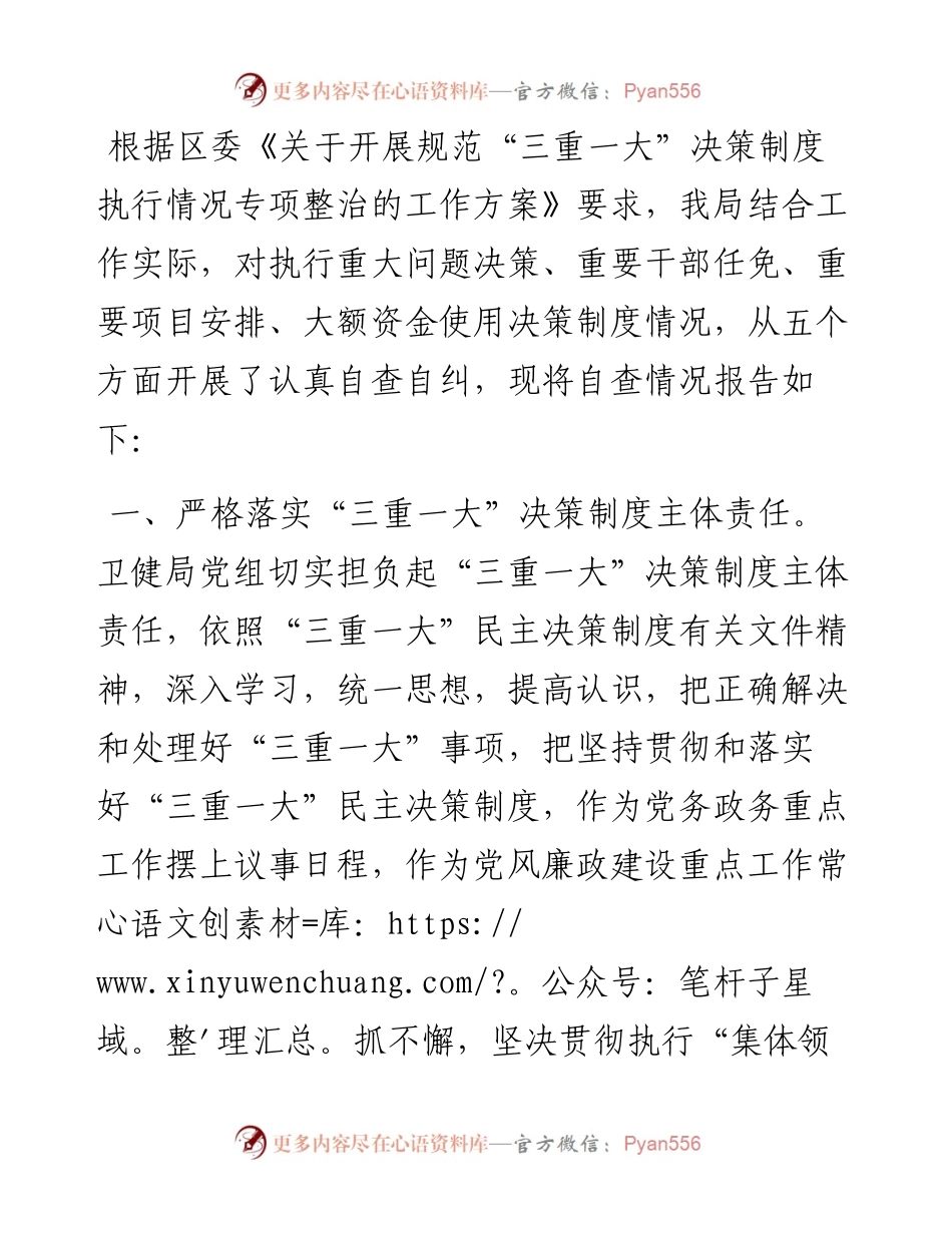区卫生健康局关于开展规范“三重一大”决策制度执行情况专项整治的自查报告.docx_第1页