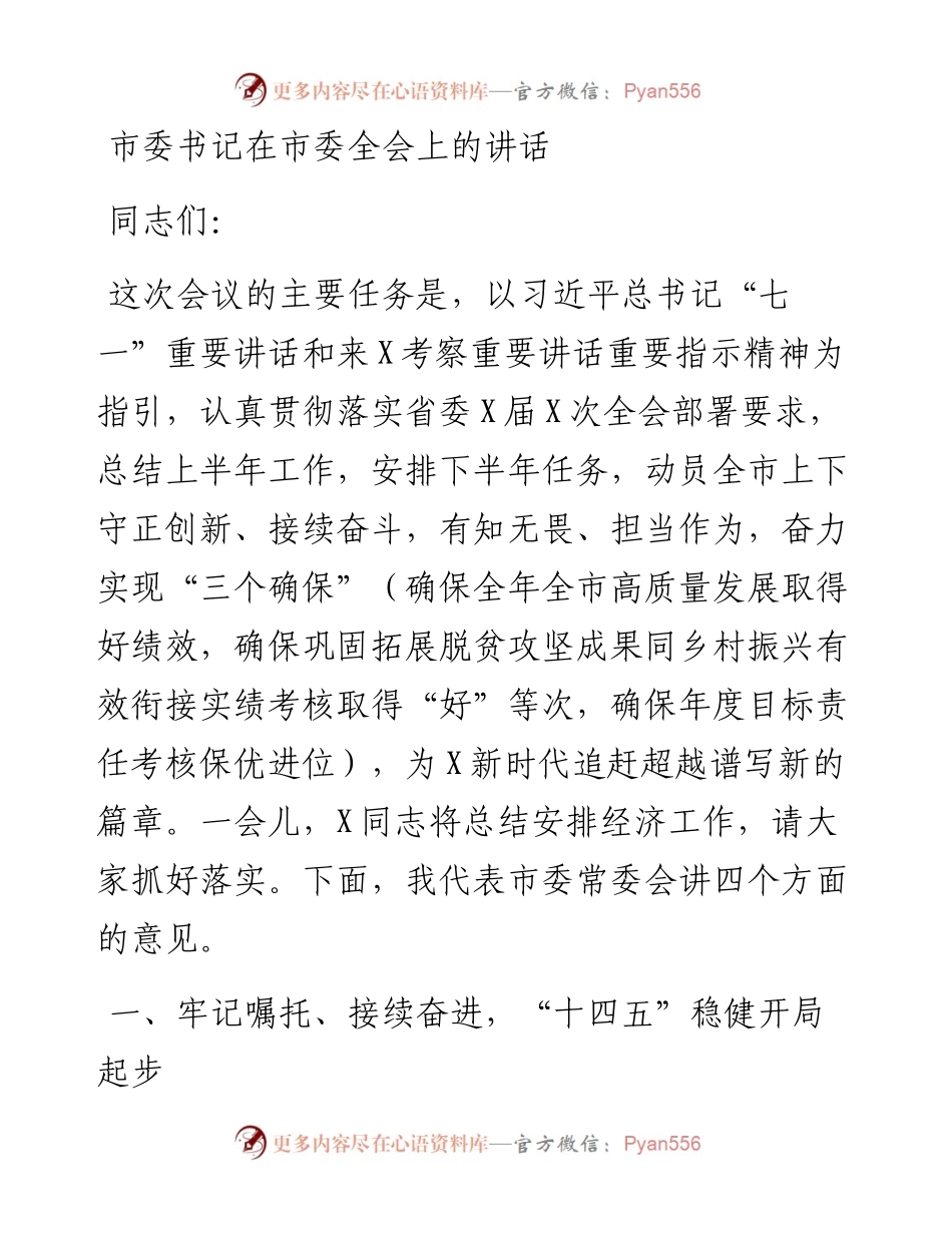 全会：市委书记在市委全会上的讲话.docx_第1页