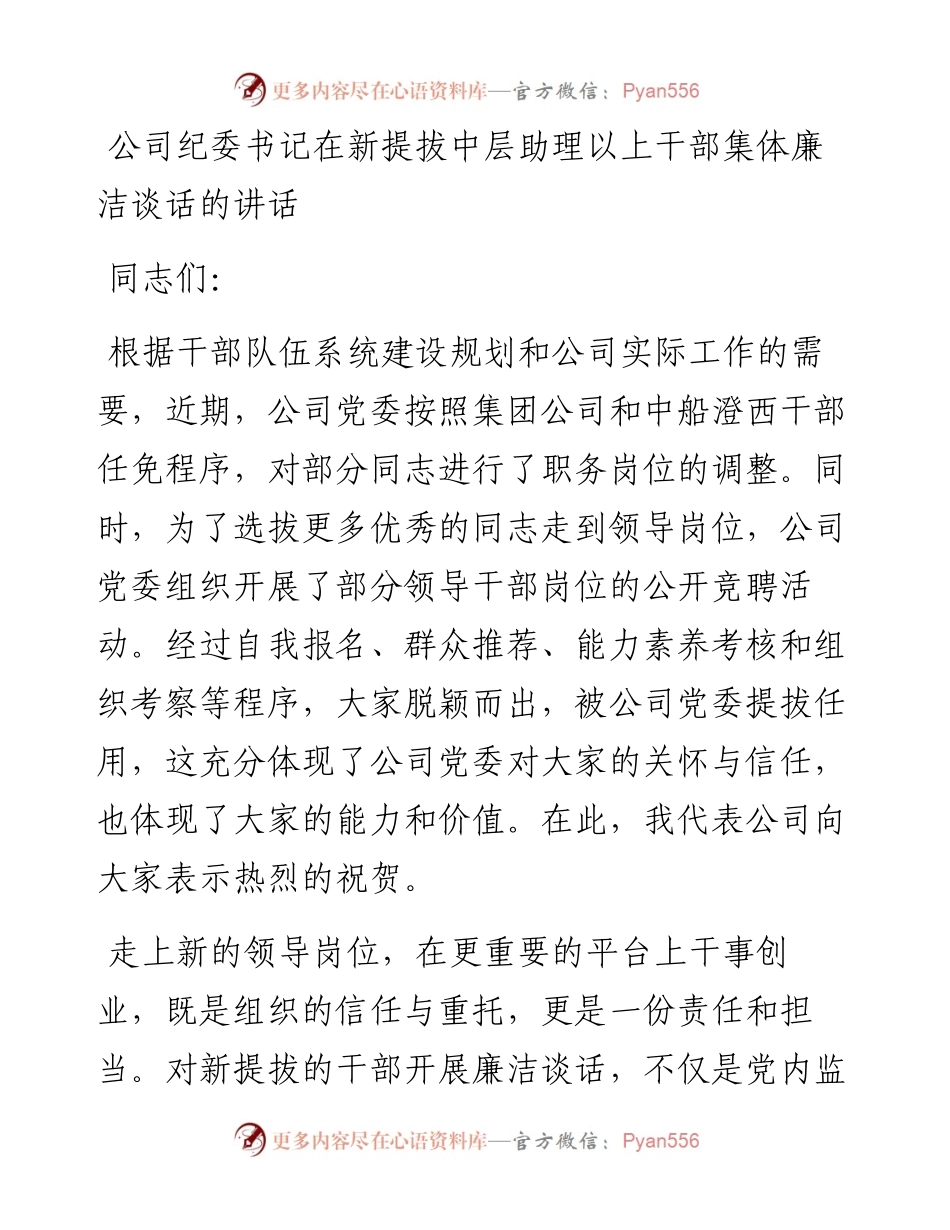 公司纪委书记在新提拔中层助理以上干部集体廉洁谈话的讲话.docx_第1页