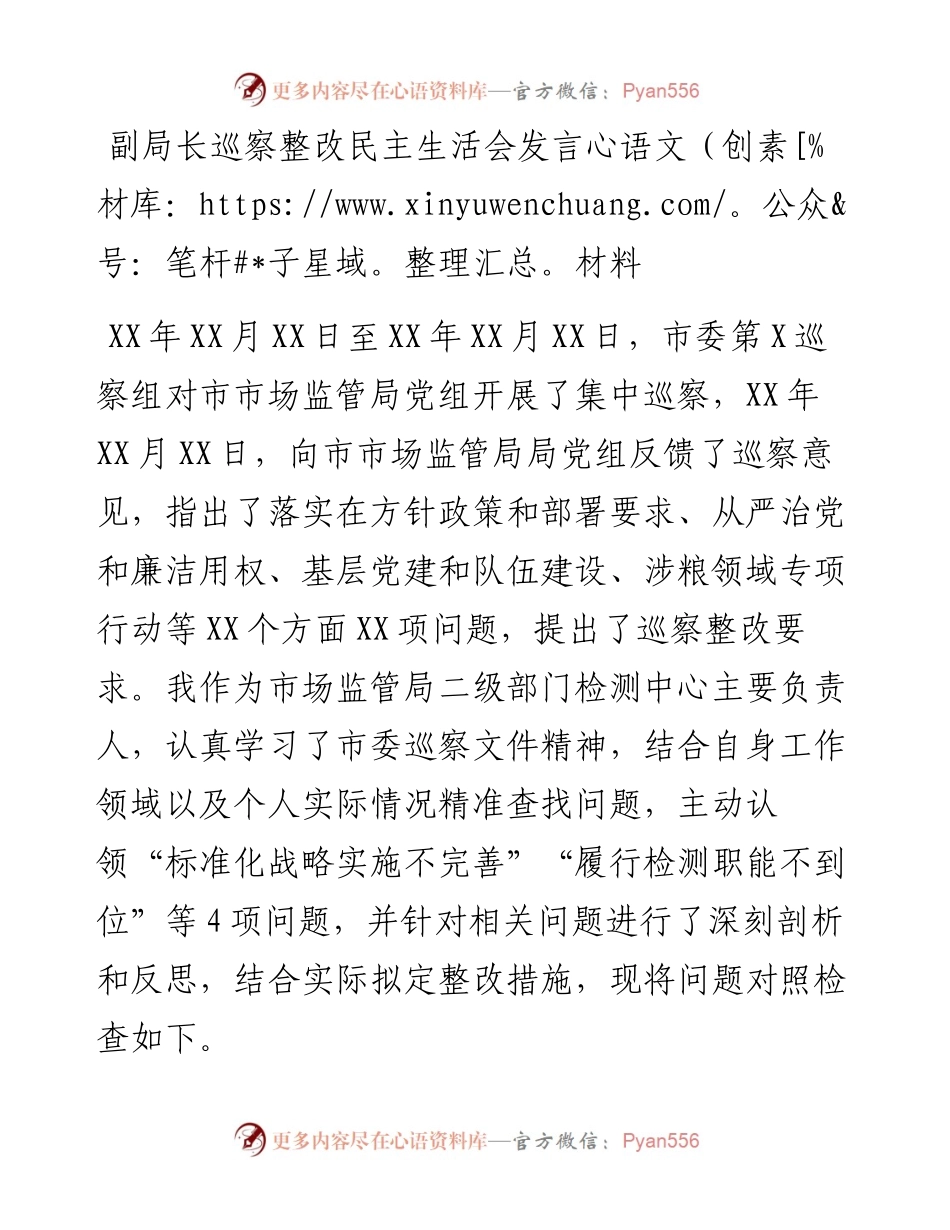 副局长巡察整改民主生活会发言材料.docx_第1页