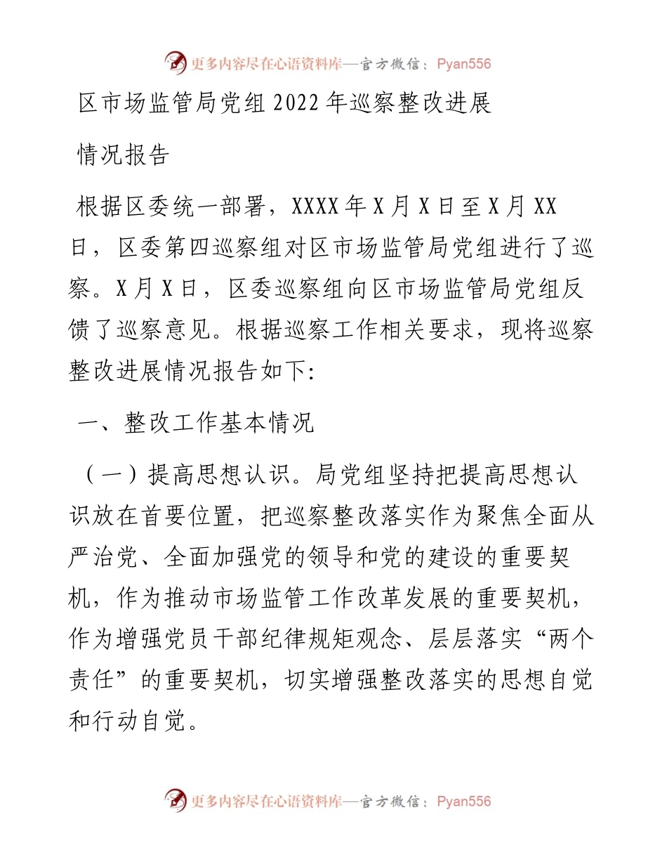 区市场监管局党组巡察整改进展情况报告.docx_第1页