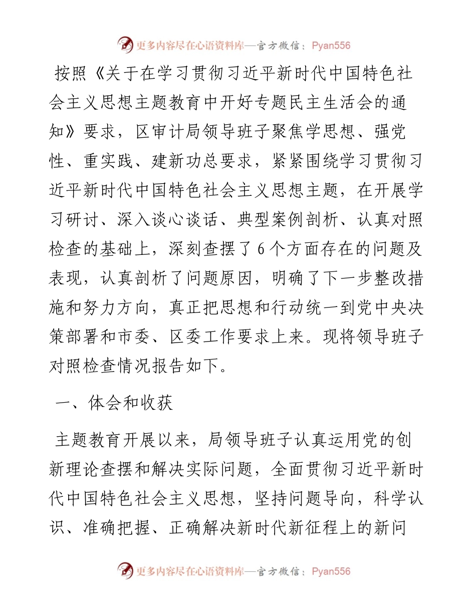 区审计局主题教育专题民主生活会领导班子对照检查材料.docx_第1页
