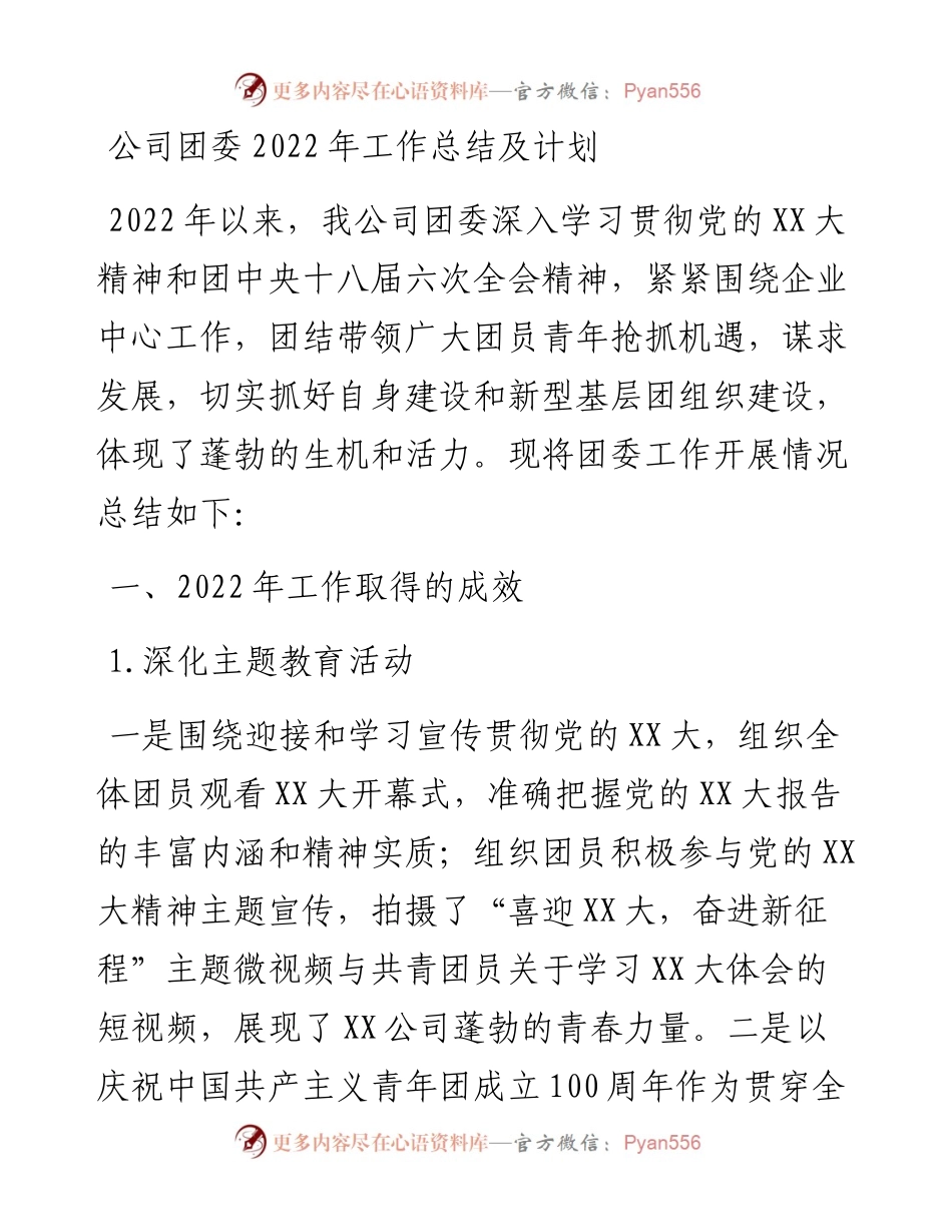公司团委工作总结及计划.docx_第1页