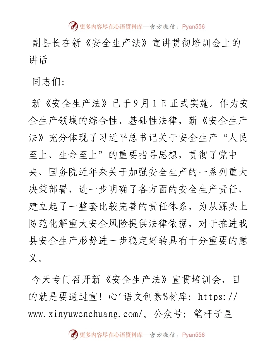 副县长在新《安全生产法》宣讲贯彻培训会上的讲话.docx_第1页