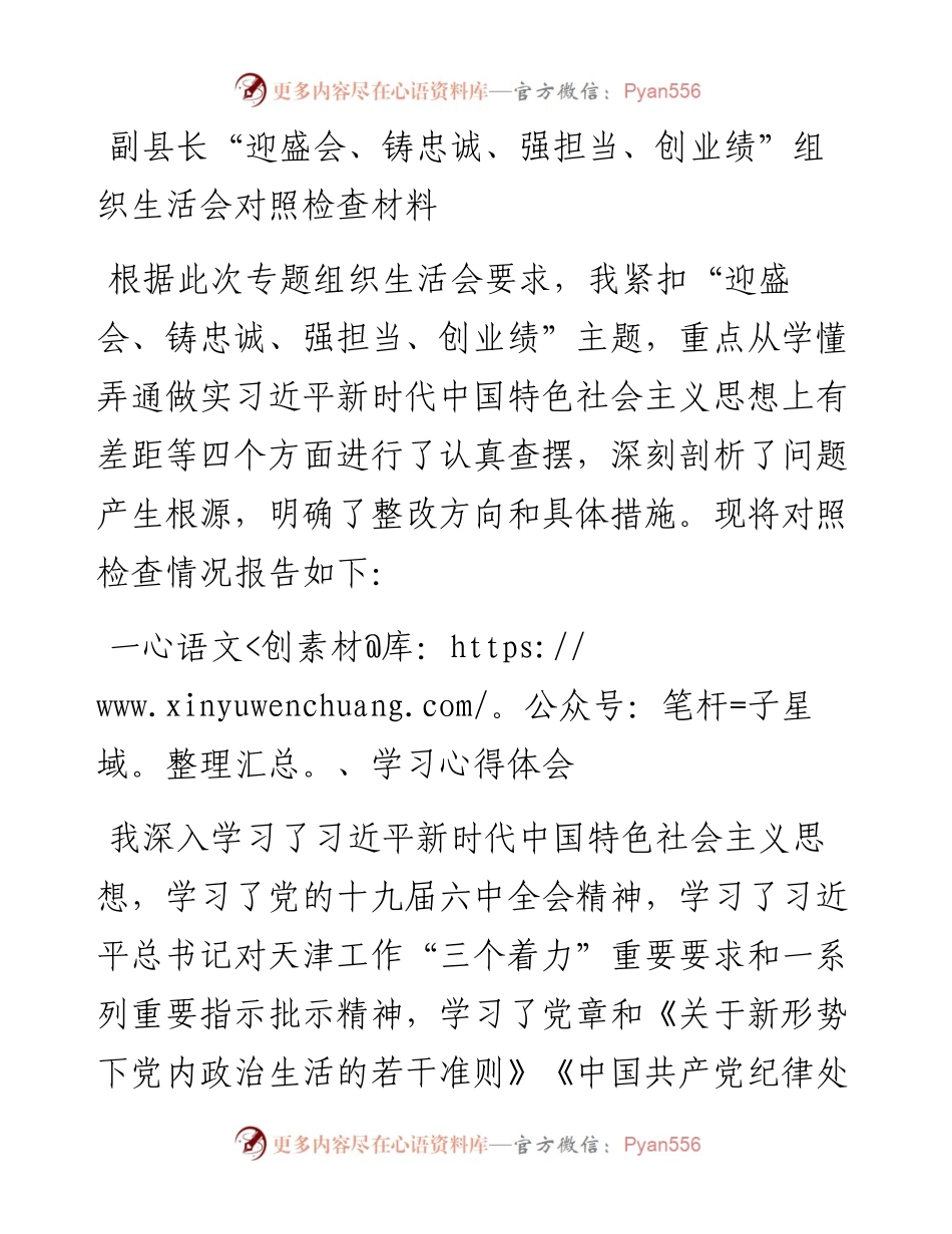 副县长“迎盛会、铸忠诚、强担当、创业绩”组织生活会对照检查材料.docx_第1页