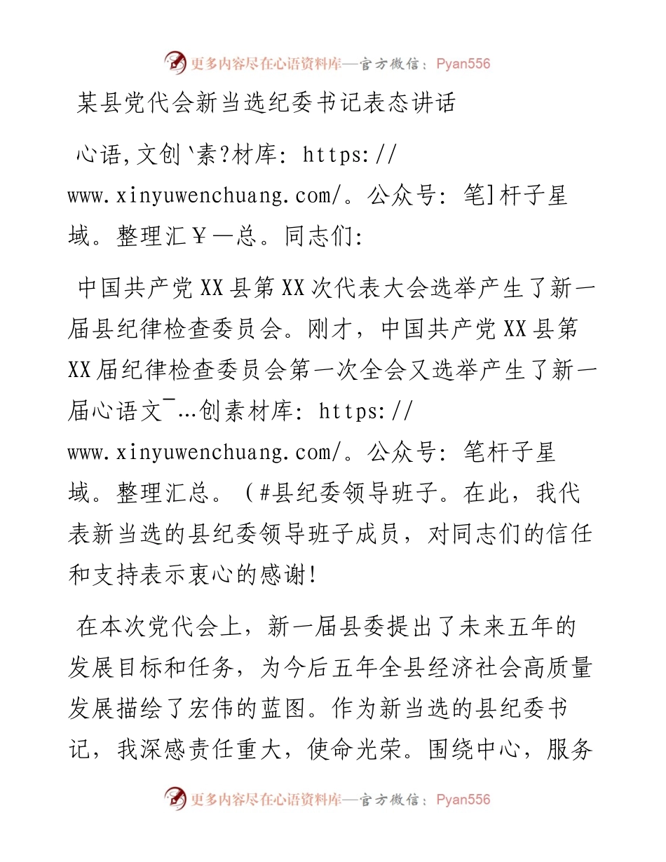 县党代会新当选纪委书记表态讲话.docx_第1页
