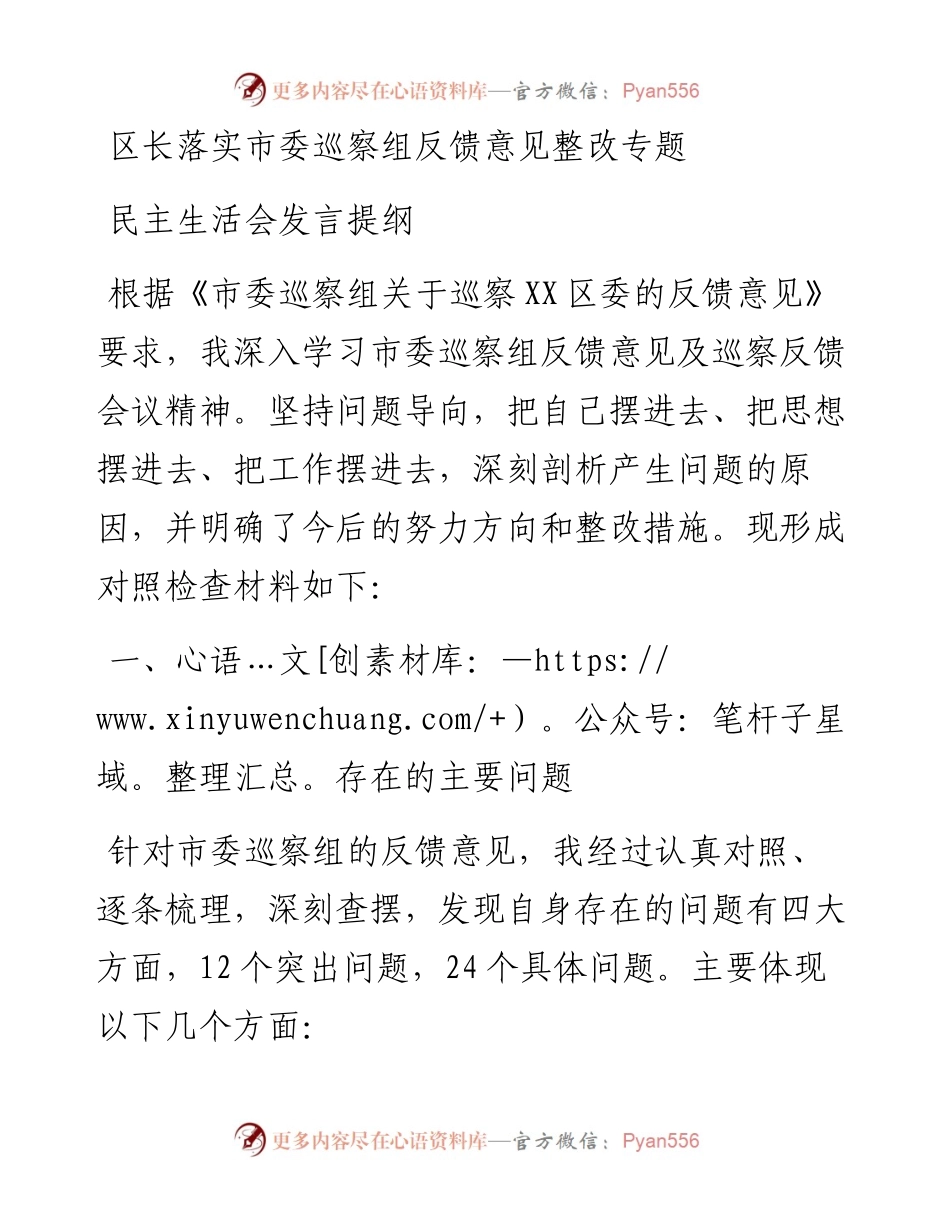 区长落实市委巡察组反馈意见整改专题民主生活会发言提纲.docx_第1页