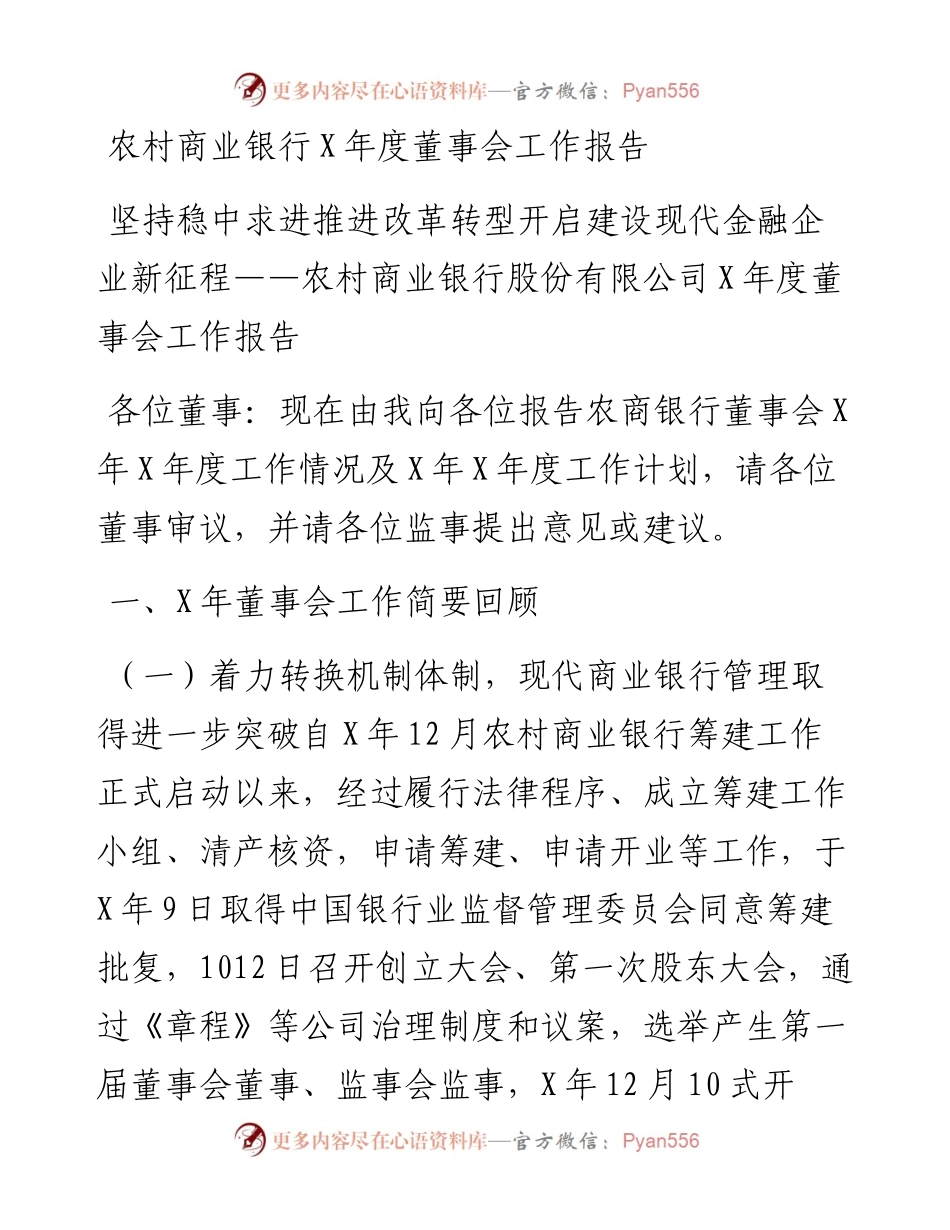 农村商业银行X年度董事会工作报告.docx_第1页
