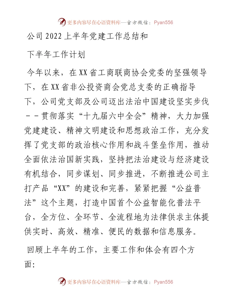 公司上半年党建工作总结和下半年工作计划.docx_第1页